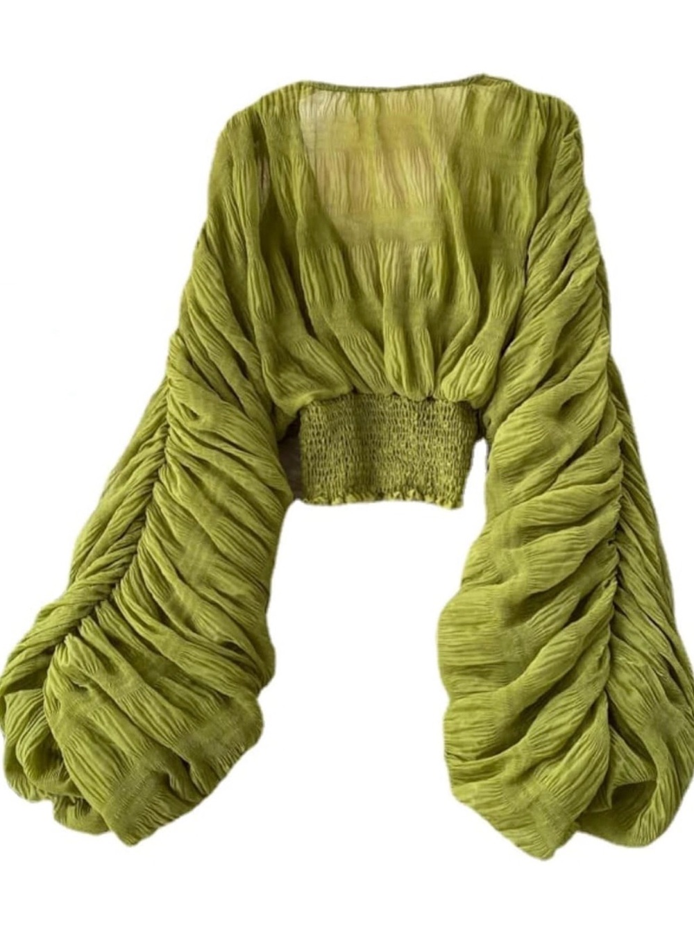 Olive Green Ruched Balloon Sleeve Crop Top